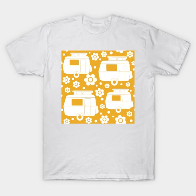 Daisy Polka Dot Vintage Caravan Pattern in Mustard Yellow and White T-Shirt by NattyDesigns